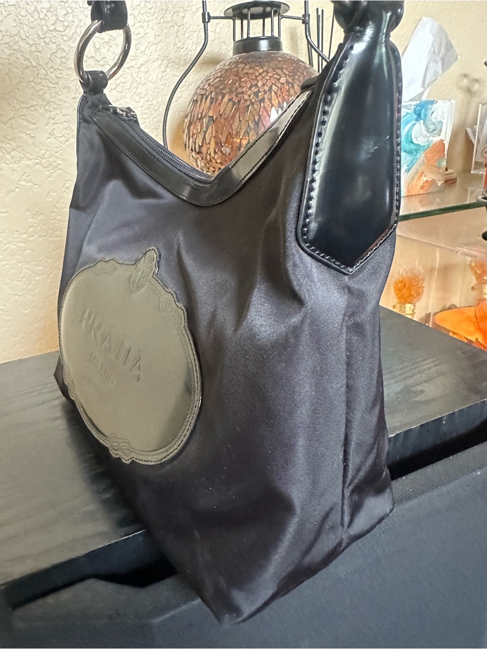 Authentic Prada black Tessuto Nylon Shoulder Bag with Leather Plaque - Picture 5 of 16